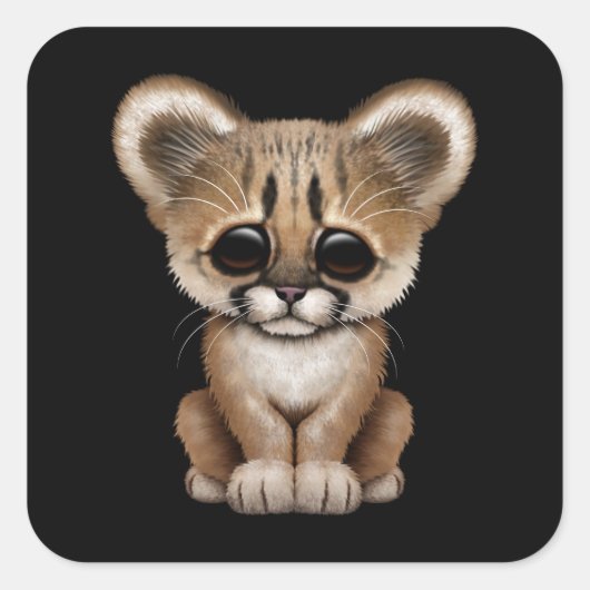 Sticker Carré Cute Baby Cougar Cub sur Noir (Devant)