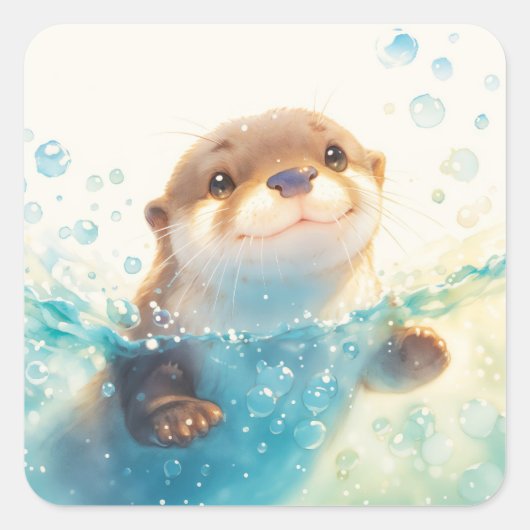 Sticker Carré Cute Baby Otter Splashing in Sparkling Blue Water (Devant)
