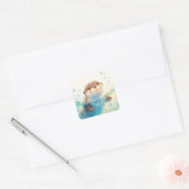 Sticker Carré Cute Baby Otter Splashing in Sparkling Blue Water (Enveloppe)