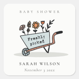 Sticker Carré Cute Baby shower Floral Bleu Panier fraîchement cu