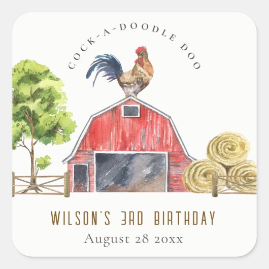 Sticker Carré Cute Barn Rooster Farm Anniversaire de enfant d'aq (Devant)