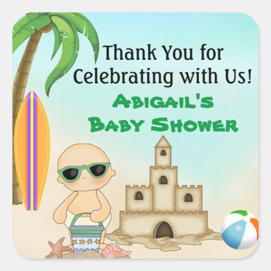 Sticker Carré Cute Beach Bébé Sandcastle Baby shower Merci (Devant)