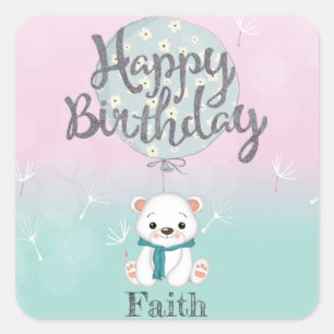 Sticker Carré Cute Bear Joyeux Anniversaire Personnalisé
