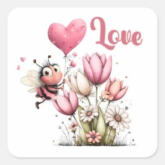 Sticker Carré Cute Bee Love Heart Balloon Spring Flowers (Devant)