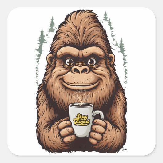 Sticker Carré Cute Bigfoot Drinking Coffee  Funny Sasquatch  (Devant)