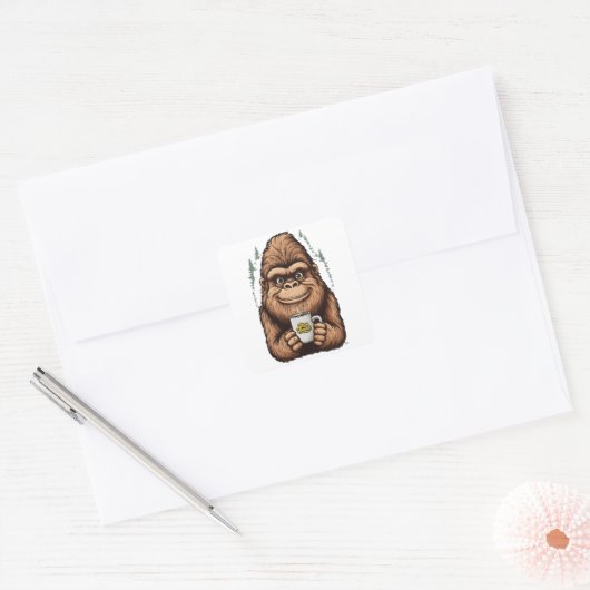 Sticker Carré Cute Bigfoot Drinking Coffee  Funny Sasquatch  (Enveloppe)