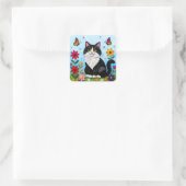 Sticker Carré Cute Black and White Cat, Flowers and Butterflies (Sac)