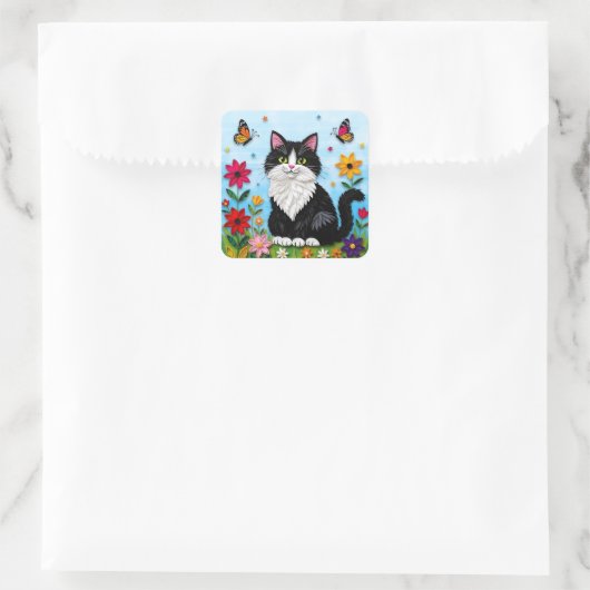 Sticker Carré Cute Black and White Cat, Flowers and Butterflies (Sac)
