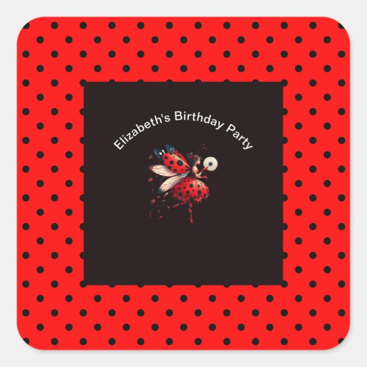 Sticker Carré Cute Black & Red Ladybug Fairy Birthday Party  (Devant)