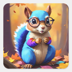 Sticker Carré Cute Blue Squirrel Portant des lunettes-46506