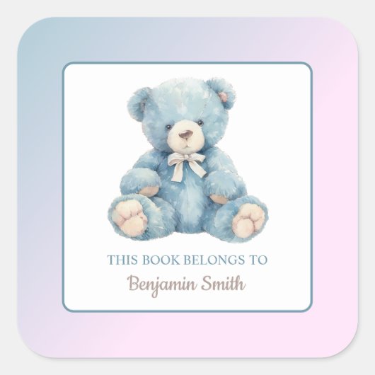 Sticker Carré Cute Blue Teddy Nom de l'ours Plaque d'enregistrem (Devant)