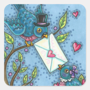 STICKER CARRÉ CUTE BLUEBIRD SWEETHEARTS, INSÉPARABLE VALENTINE