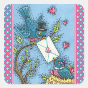 STICKER CARRÉ CUTE BLUEBIRD SWEETHEARTS, INSÉPARABLE VALENTINE