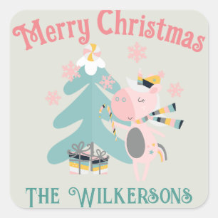 Sticker Carré Cute Boho Christmas Unicorne sur Sage