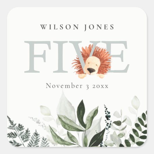 Sticker Carré Cute Boho Lion Foliage 5e fête d'anniversaire (Devant)