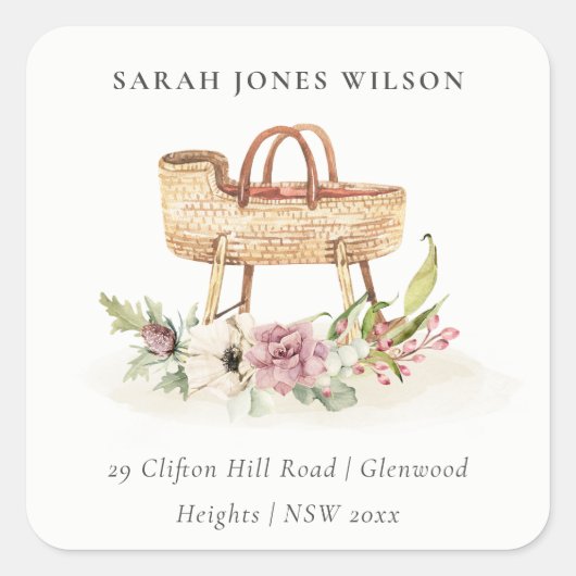 Sticker Carré Cute Boho Nursery rose Floral Bassinet Adresse (Devant)