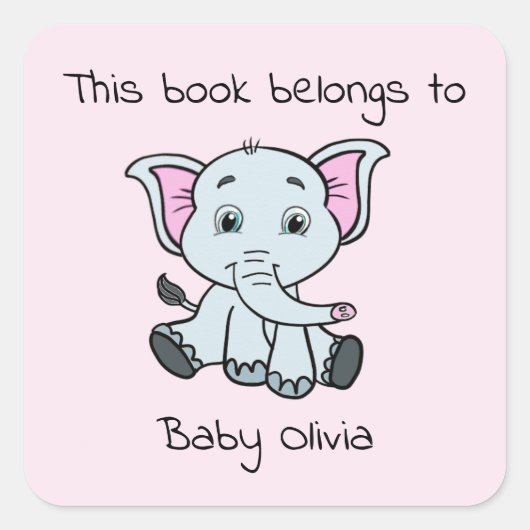 Sticker Carré Cute Bookplate rose Elephant Baby shower fille (Devant)