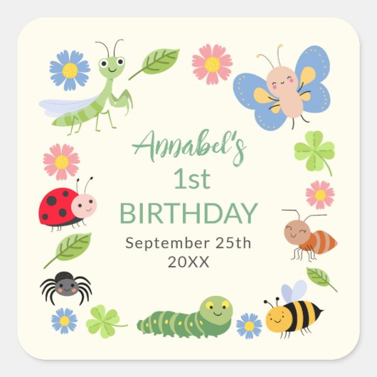 Sticker Carré Cute Bug Ladybug Buttefly Kids 1st Birthday  (Devant)