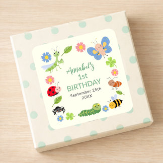 Sticker Carré Cute Bug Ladybug Buttefly Kids 1st Birthday 