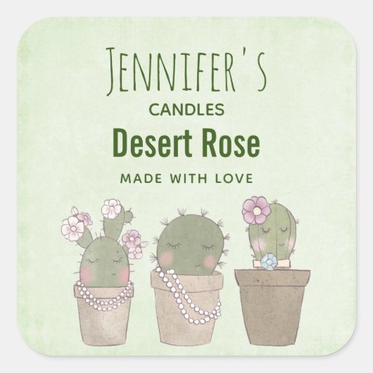 Sticker Carré Cute Cactus Trio Porte Bijoux Bougie (Devant)