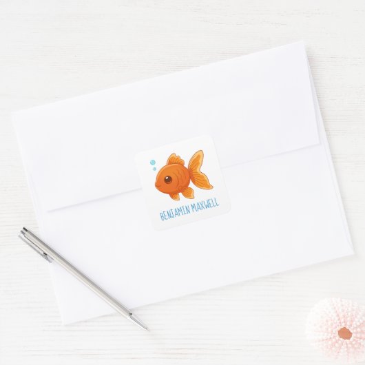Sticker Carré Cute Cartoon Goldfish Custom Name (Enveloppe)