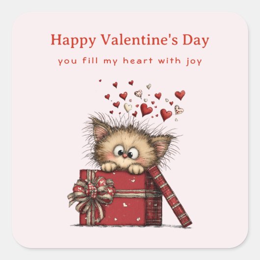 Sticker Carré Cute Cartoon Kitten with Hearts Valentine's Day (Devant)