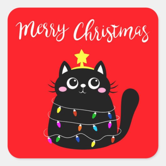 Sticker Carré Cute cartoon noir Cat Christmas tree (Devant)