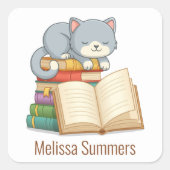 Sticker Carré Cute Cat Book Stack Custom Name Bookplate (Devant)