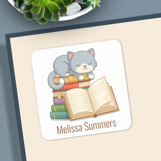 Sticker Carré Cute Cat Book Stack Custom Name Bookplate