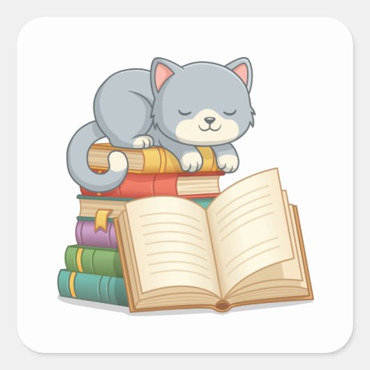 Sticker Carré Cute Cat on top of a Book Stack (Devant)