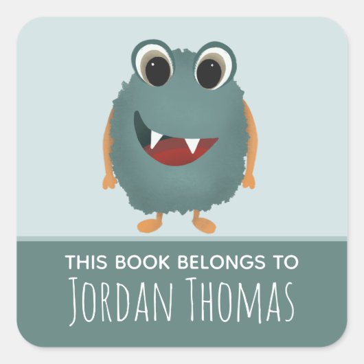Sticker Carré Cute 'Ce Livre Appartient' Plaque Monster Bleu (Devant)