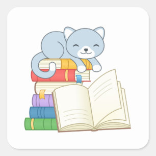 Sticker Carré Cute Chat au-dessus d'une pile de livres