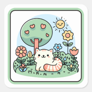 Sticker Carré Cute Chat Dans Un Jardin Doodart
