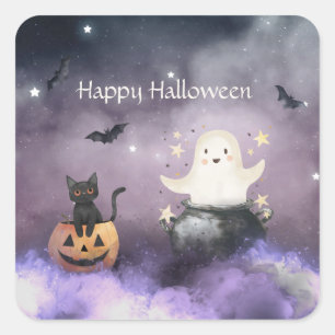 Sticker Carré Cute chat et Fantôme Halloween