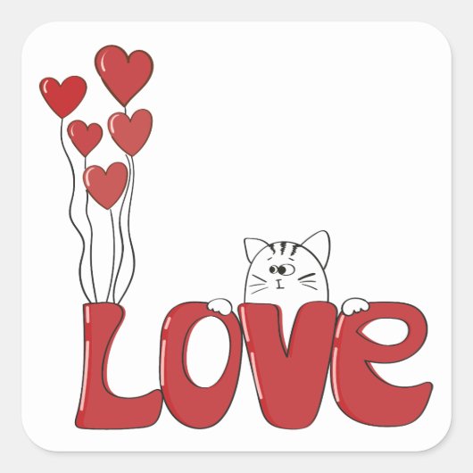 Sticker Carré Cute Chat Love Typographie Coeurs rouges | Valenti (Devant)