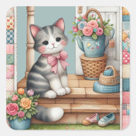Sticker Carré Cute Chat sur Porche avec Fleurs et Patchwork (Devant)