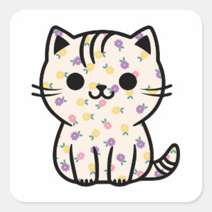 Sticker Carré Cute chaton floral