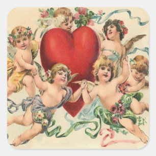 Sticker Carré Cute Cherubs avec le coeur rouge Valentine