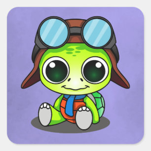 Sticker Carré Cute Chibi Cartoon Turtle en Aviator Casquette
