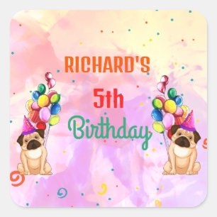 Sticker Carré Cute Chien Chiot Puppy Theme Fête d'Anniversaire d
