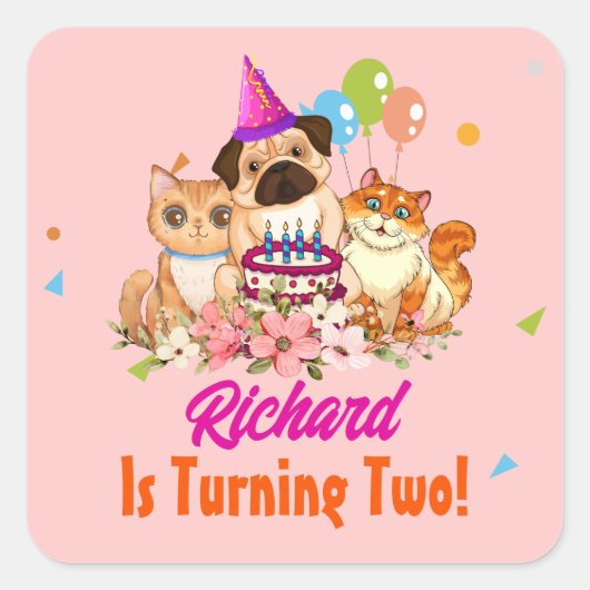 Sticker Carré Cute Chien Chiot Puppy Theme Fête d'Anniversaire d (Devant)