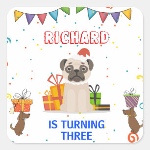 Sticker Carré Cute Chien Chiot Puppy Theme Fête d'Anniversaire d