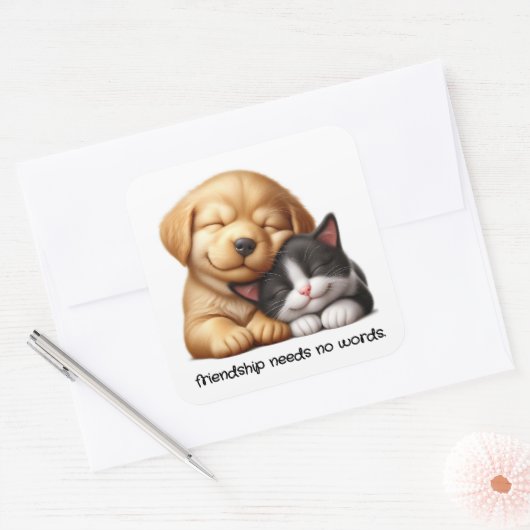 Sticker Carré Cute Chiot et Kitten Cuddin Meilleurs amis (Enveloppe)