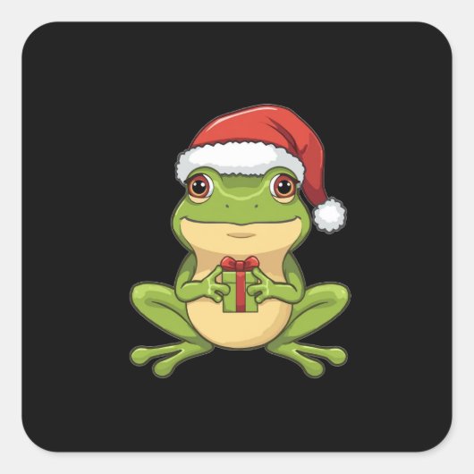 Sticker Carré Cute Christmas Frog with Santa Hat Holding Gift - (Devant)