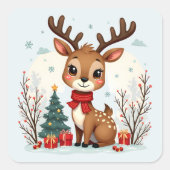 Sticker Carré Cute Christmas Reindeer Scene Snowy Forest (Devant)