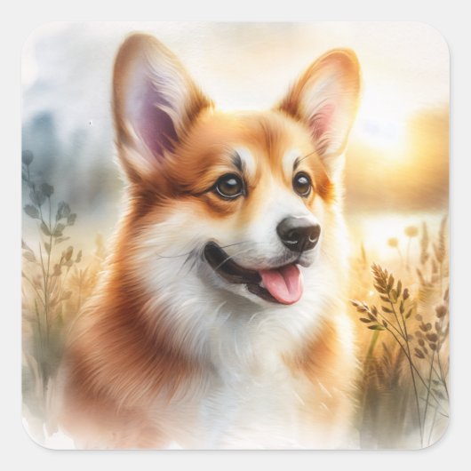 Sticker Carré Cute Corgi Aquarelle extérieure (Devant)