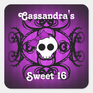 Sticker Carré Cute crâne gothique violet et noir doux 16