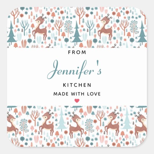 Sticker Carré Cute Deer en Forêt Whimsical Motif Cuisine (Devant)
