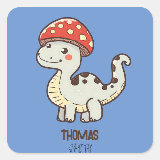 Sticker Carré Cute Dino De Champignons Avec Nom Enfant