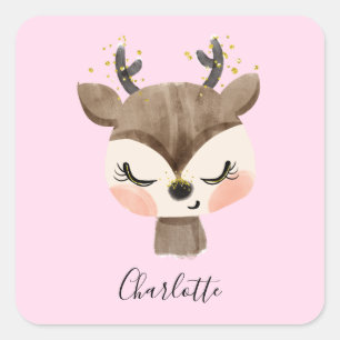 Sticker Carré Cute douce et fille Pastel Blush Pink Baby Reindee